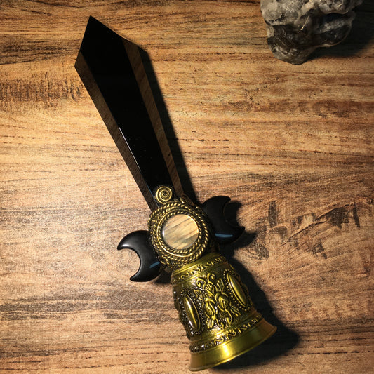 Crystal Altar Bell, Witch Hand Bell, Black obsidian Wand Bell, Pagan Ritual Bell, Gothic Crystal Handbell, Handcrafted Witchy Altar Decor