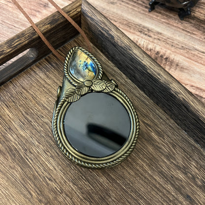 Handmade Natural Black Obsidian Scrying Mirror pendant/Magic Obsidian Witch Mirror/Crystal Quartz Mirror/Manifest Altar Tool