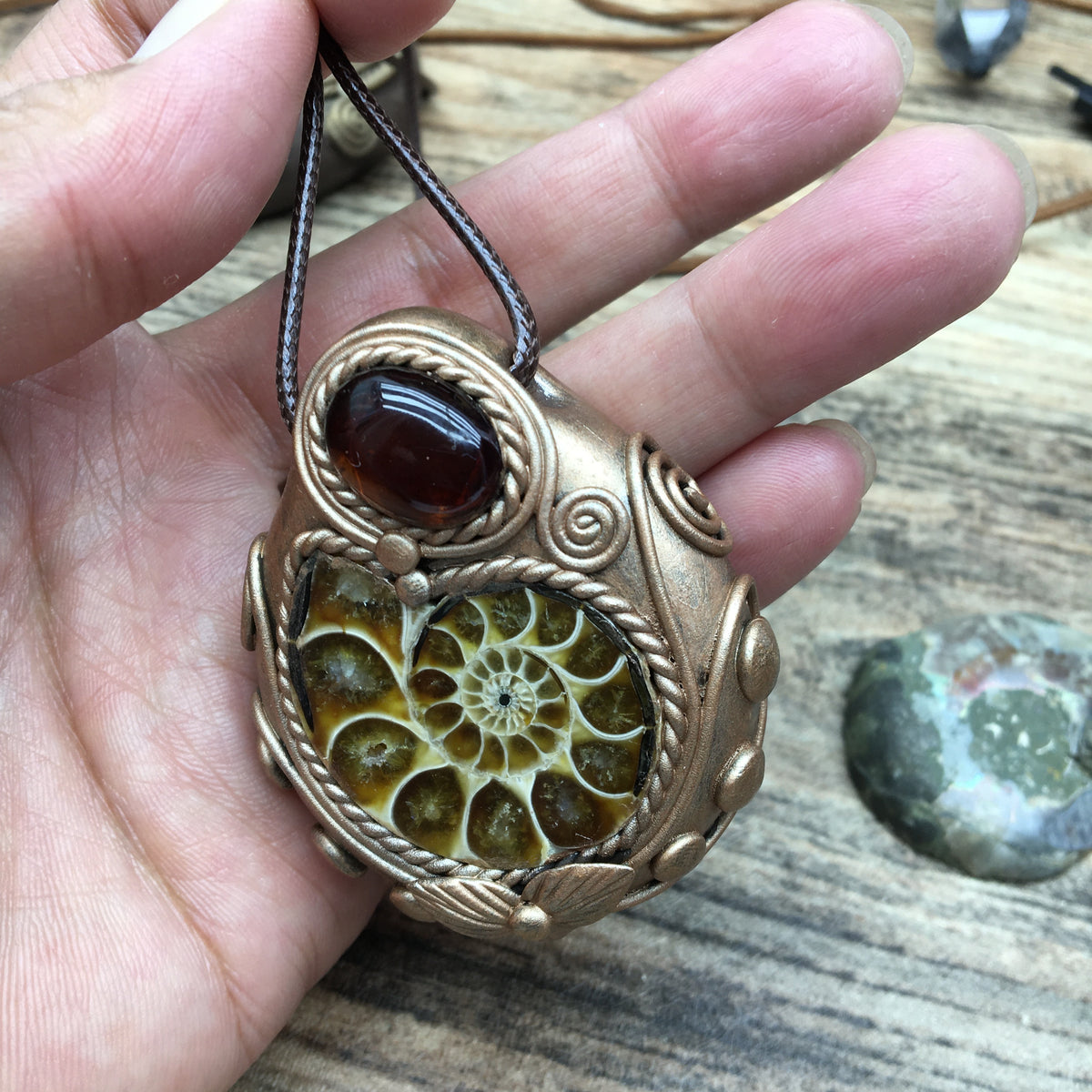 Natural Ammonite Fossil & Blood Amber Pendant Necklace - Handcrafted pendant Jewelry