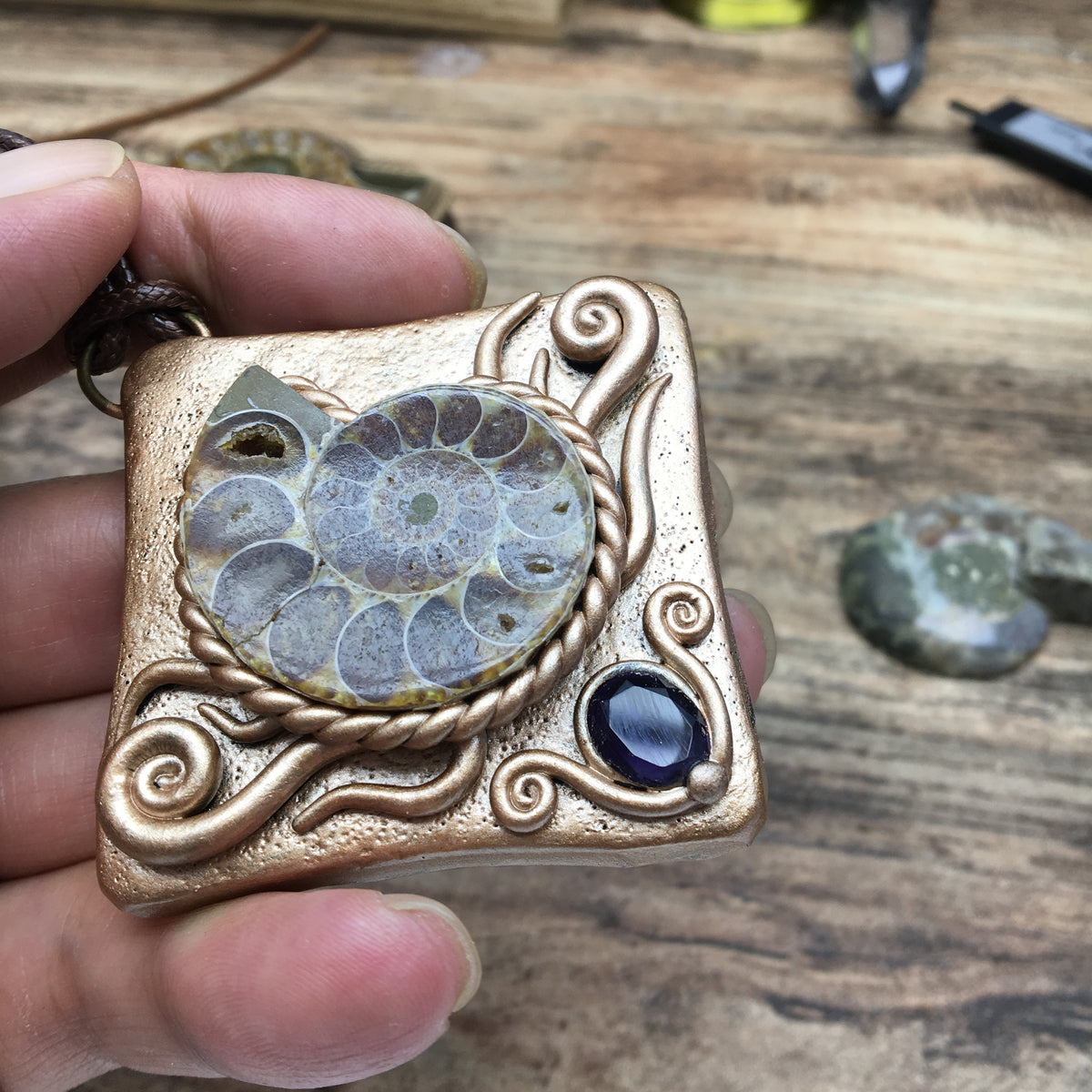 Ammonite Fossil & Amethyst Gemstone Pendant - Rhombus Healing Crystal Necklace