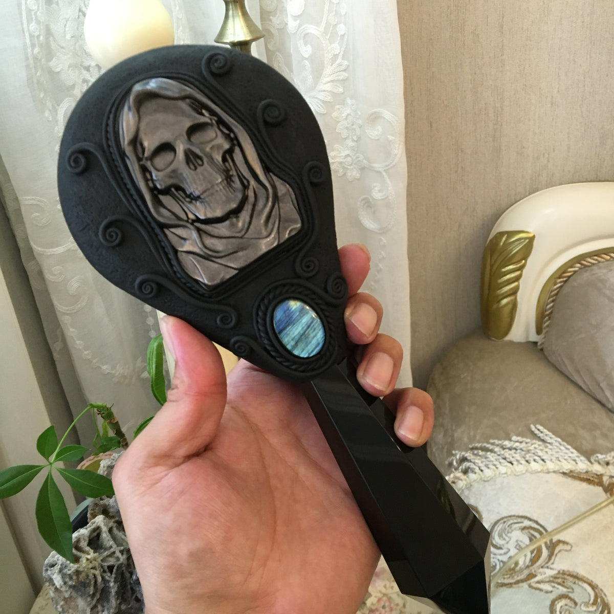 Handmade Natural Black Obsidian Scrying Mirror Wand/Magic Obsidian Witch Wand/Crystal Quartz Wand/Manifest Altar Tool