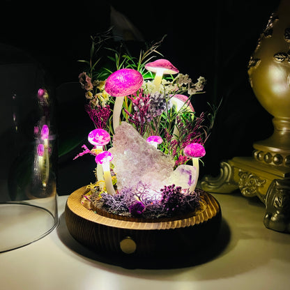 Mystic Grove: Natural Amethyst Raw Cluster & Purple Fairy Mushroom Night Light | Handmade Crystal Mushroom Lamp