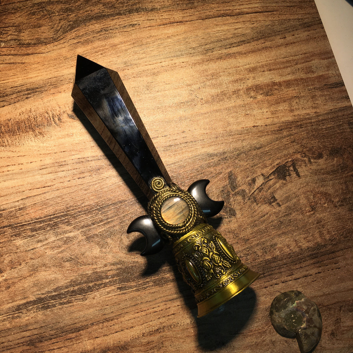 Crystal Altar Bell, Witch Hand Bell, Black obsidian Wand Bell, Pagan Ritual Bell, Gothic Crystal Handbell, Handcrafted Witchy Altar Decor